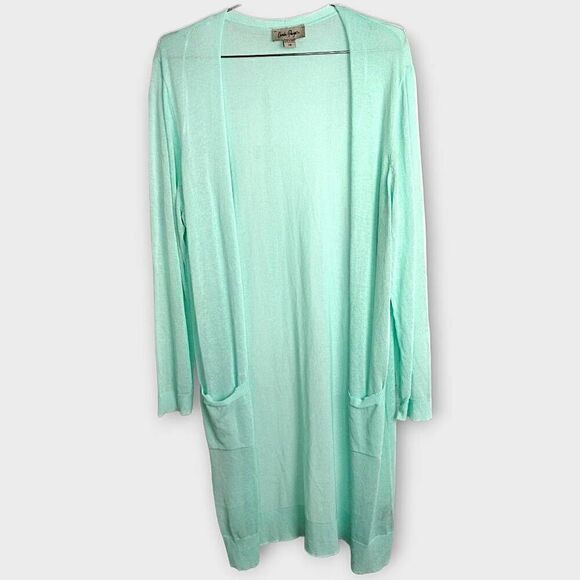 Charlie Paige Womens Cardigan Sz Large Aqua Long‎ Linen Coastalcore Athleisure - Picture 1 of 10